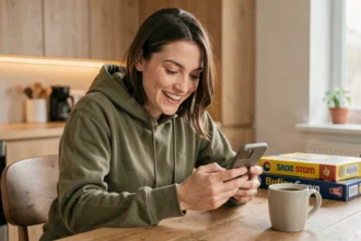 Jeune femme jouant à Monopoly GO sur son smartphone à la maison, guide free-to-play pour obtenir des dés gratuits en 2026