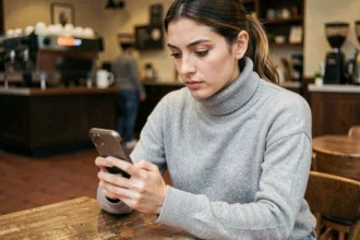 Une femme utilisant une application de messagerie sécurisée sur son smartphone dans un café parisien