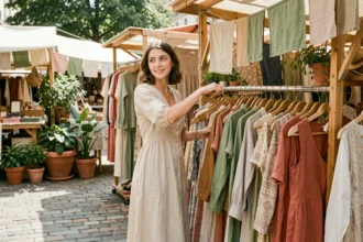 Jeune femme française en robe en lin naturel explorant un marché de mode éco-responsable à Paris en été