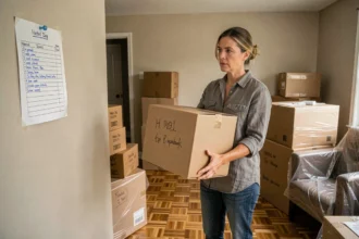 Femme organisant ses cartons de déménagement dans un salon après une vente immobilière