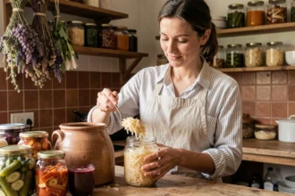 Femme française préparant des légumes fermentés maison dans des bocaux en verre sur un plan de travail en bois rustique