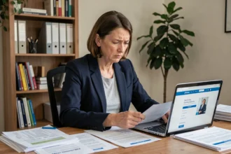 Femme consultant des documents d'assurance Chubb European Group SFR pour exercer un recours