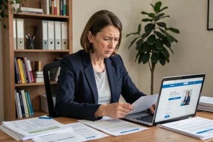 Femme consultant des documents d'assurance Chubb European Group SFR pour exercer un recours