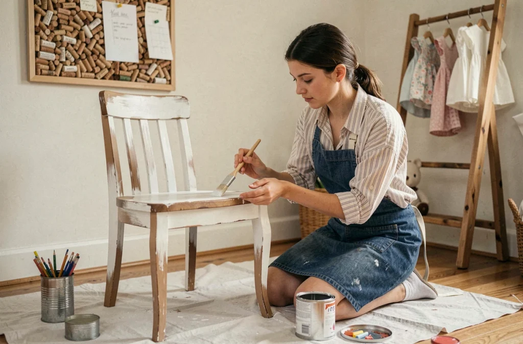 Femme repeignant une vieille chaise en bois pour décorer une chambre d'enfant avec des meubles récupérés