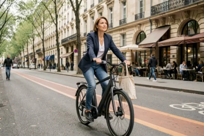 Femme à vélo électrique sur un boulevard urbain parisien avec piste cyclable