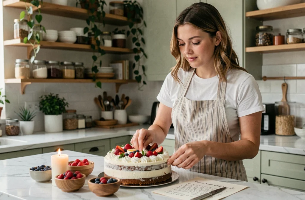 Mère décorant un gâteau d'anniversaire maison avec des fruits frais dans une cuisine chaleureuse et conviviale