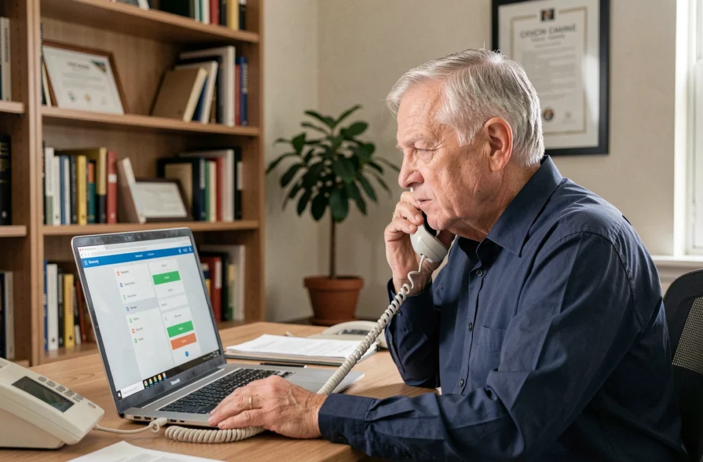 Homme âgé consultant une application anti-arnaque sur ordinateur tout en répondant au téléphone dans un bureau à domicile