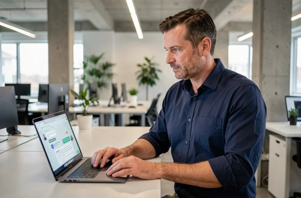 Un homme d'affaires consultant une messagerie chiffrée sur son ordinateur portable dans un bureau moderne