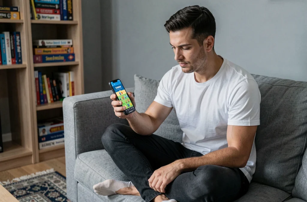 Homme adulte consultant son téléphone pour obtenir des dés gratuits sur Monopoly GO, stratégie joueur free-to-play 2026