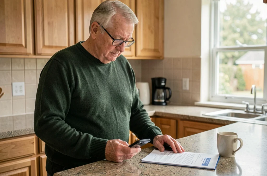 Homme consultant son téléphone pour trouver un recours face à un problème d'assurance SFR Chubb