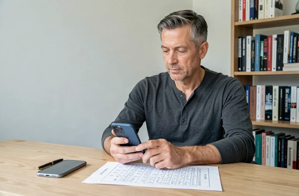 Homme consultant un solver de mots sur smartphone tout en travaillant sur une grille de mots imprimée à son bureau