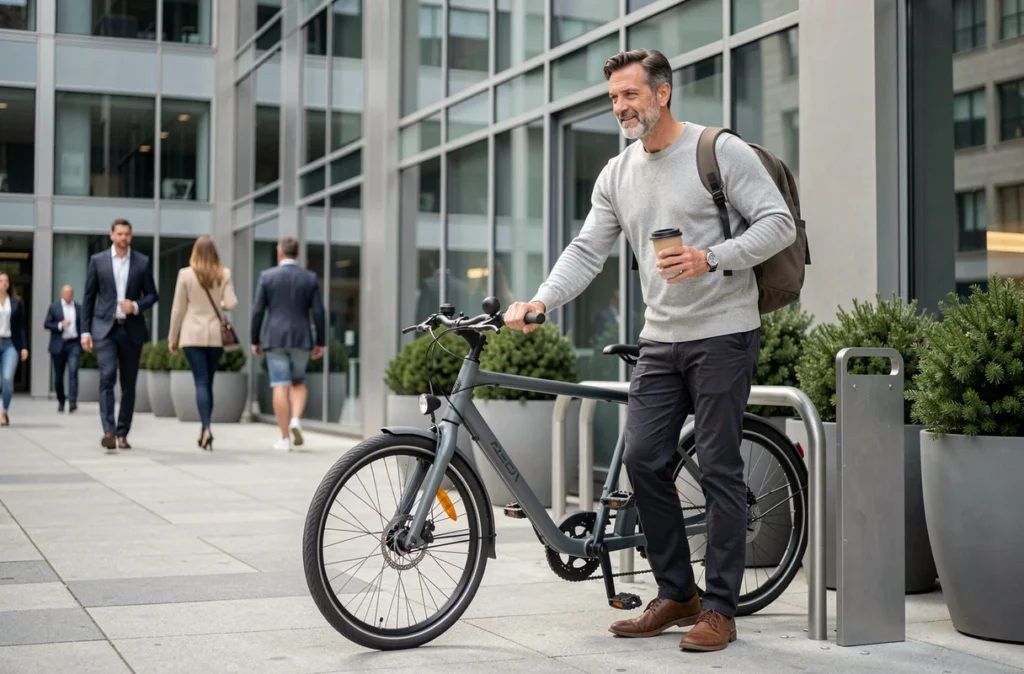 Homme attachant son vélo électrique cargo devant un immeuble de bureaux moderne en ville