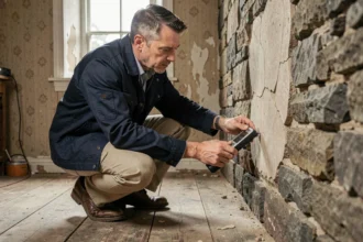 Inspecteur immobilier examinant une vieille maison ancienne avec un humidimètre contre un mur en pierre fissuré