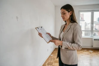 Gestionnaire immobilière inspectant les murs d'un appartement vide lors d'un état des lieux de location