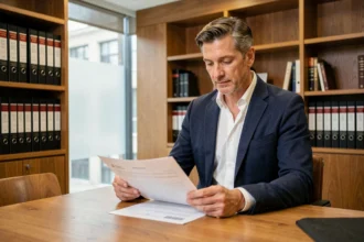 Investisseur immobilier consultant des documents de viager chez un notaire