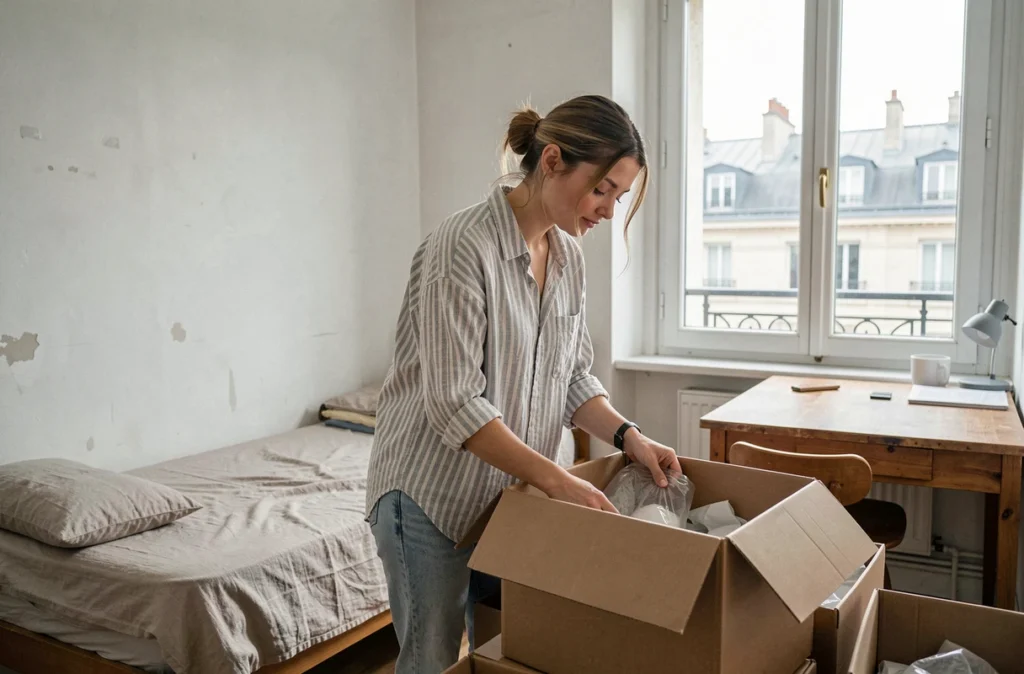 Une jeune femme active emménageant dans sa chambre en colocation dans un appartement urbain parisien