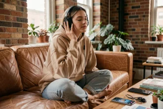 Jeune femme écoutant un podcast avec un casque audio dans un appartement moderne au décor urbain