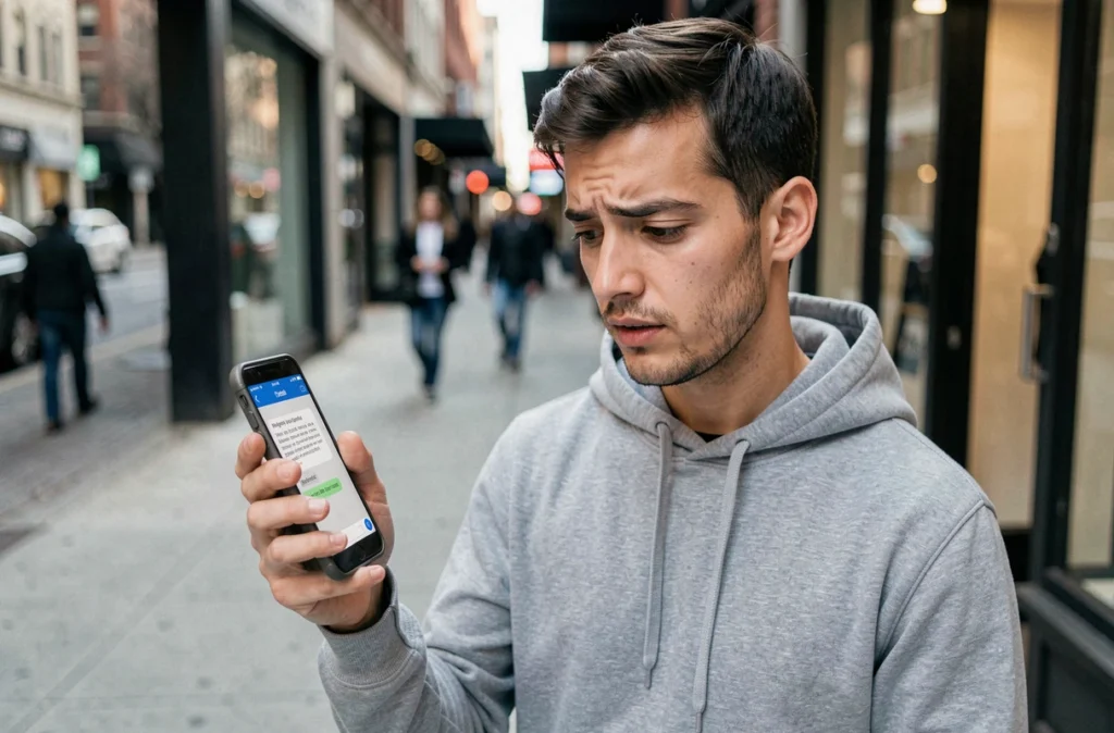 Jeune homme en ville examinant un SMS suspect sur son téléphone portable pour détecter une tentative d'arnaque