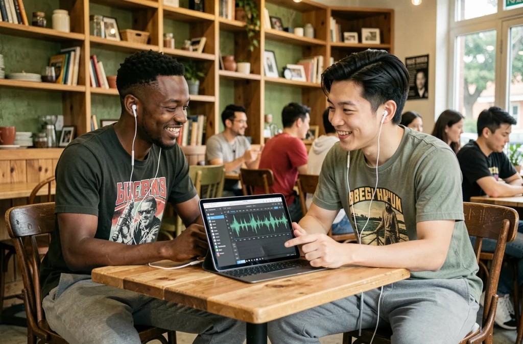 Deux jeunes hommes écoutant et discutant d'un podcast sur une tablette dans un café indépendant