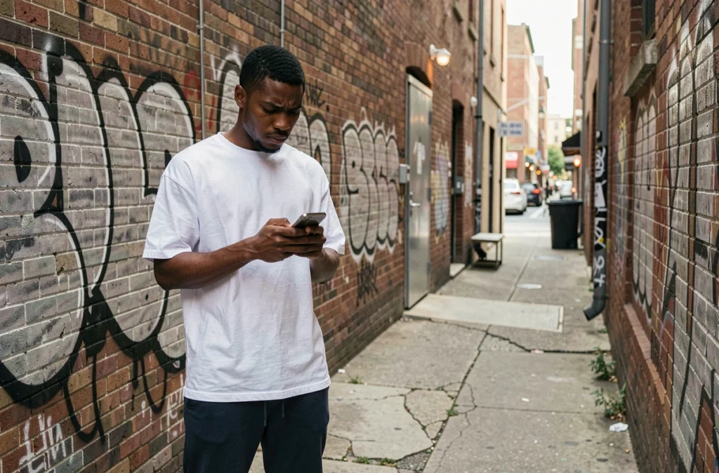 Rappeur Jules consultant son téléphone dans une ruelle urbaine, confronté aux commentaires négatifs