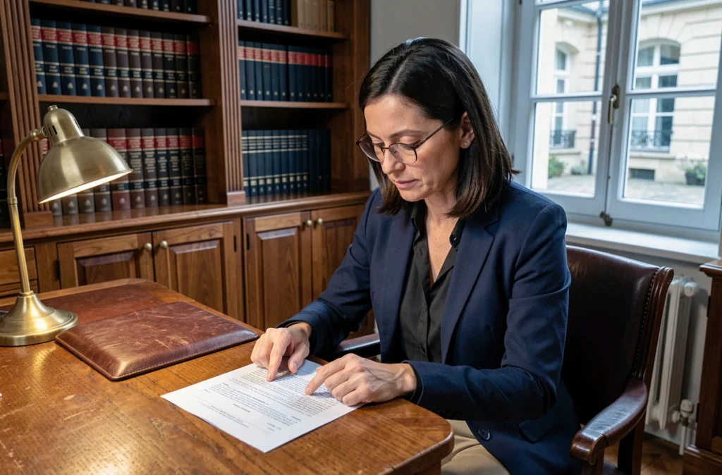 Notaire ou juriste analysant un acte de propriété dans un bureau notarial, en lien avec la définition juridique du droit de propriété selon l'article 544