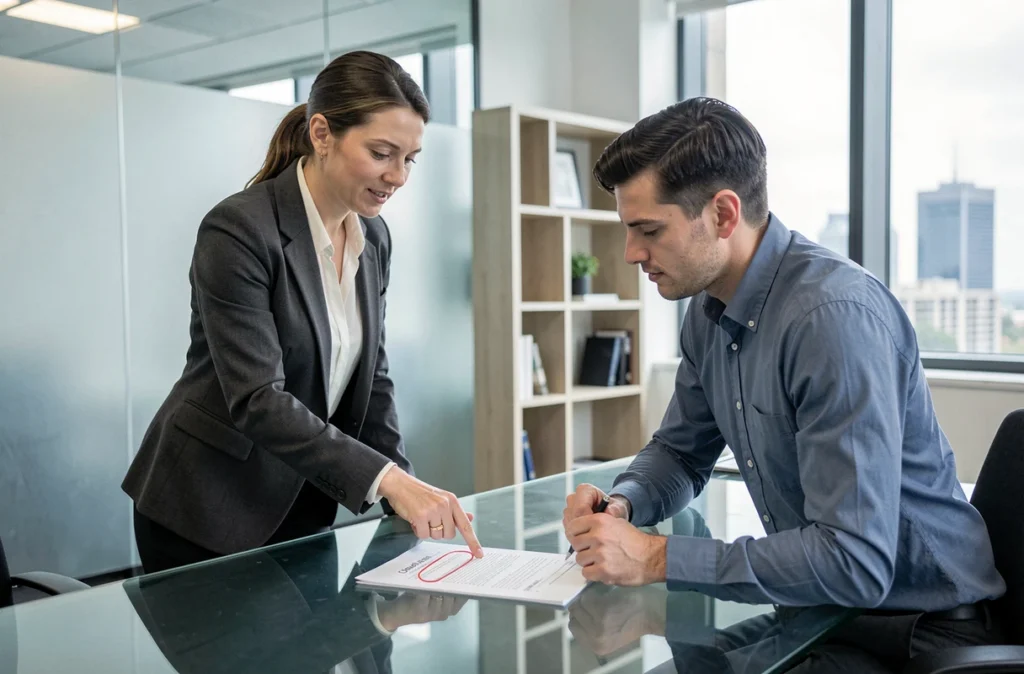 Notaire expliquant les clauses d'un contrat immobilier à un client dans un bureau notarial moderne
