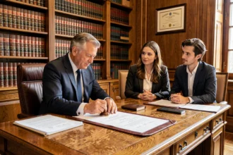 Notaire apposant un cachet officiel sur un acte de vente immobilière face à un couple d'acheteurs dans un office notarial traditionnel