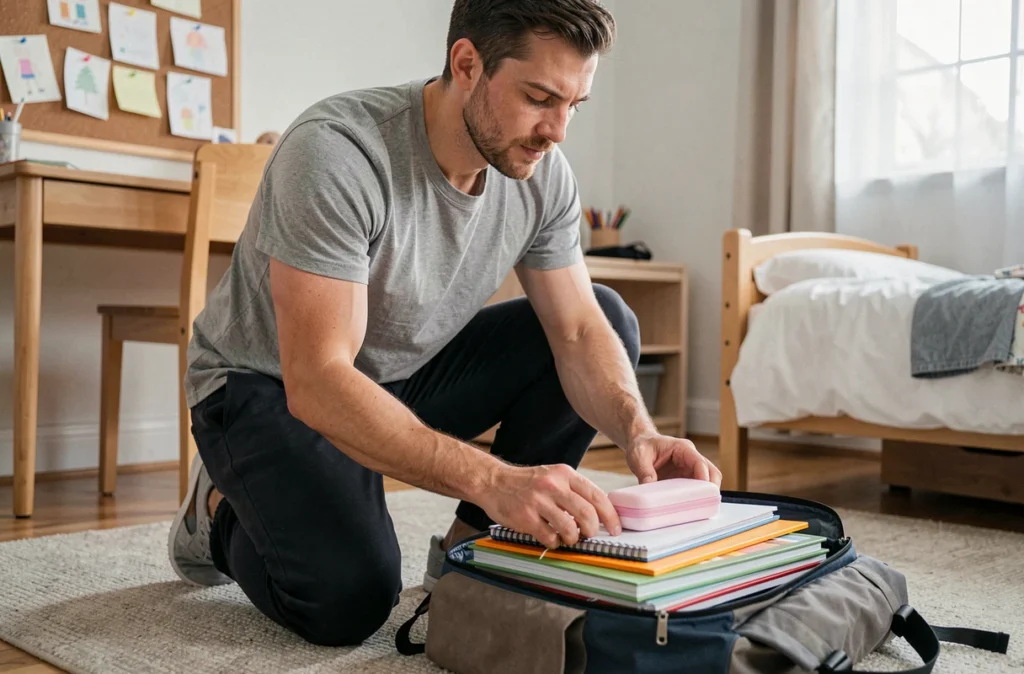 Père préparant le cartable de son enfant avec des livres et fournitures organisés sur le sol d'une chambre