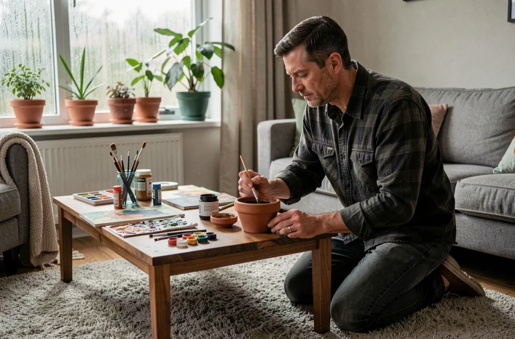 Homme en chemise flanelle peignant un pot en terre cuite dans un salon cosy pendant un dimanche de pluie