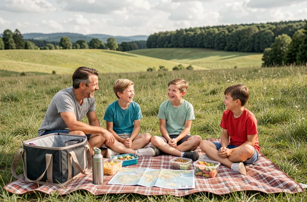 Une famille profite d'une pause pique-nique dans un pré lors d'un road trip organisé pendant les vacances d'été