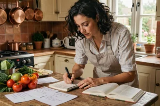 Femme planifiant des idées de repas familiaux avec des fiches recettes et légumes frais sur une table en bois rustique