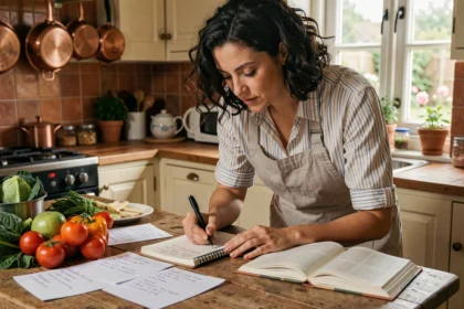 Femme planifiant des idées de repas familiaux avec des fiches recettes et légumes frais sur une table en bois rustique