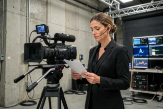 Réalisatrice française sur un plateau de tournage de série télévisée, consultant un script devant une caméra professionnelle en studio
