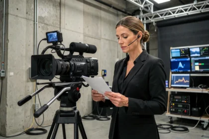 Réalisatrice française sur un plateau de tournage de série télévisée, consultant un script devant une caméra professionnelle en studio