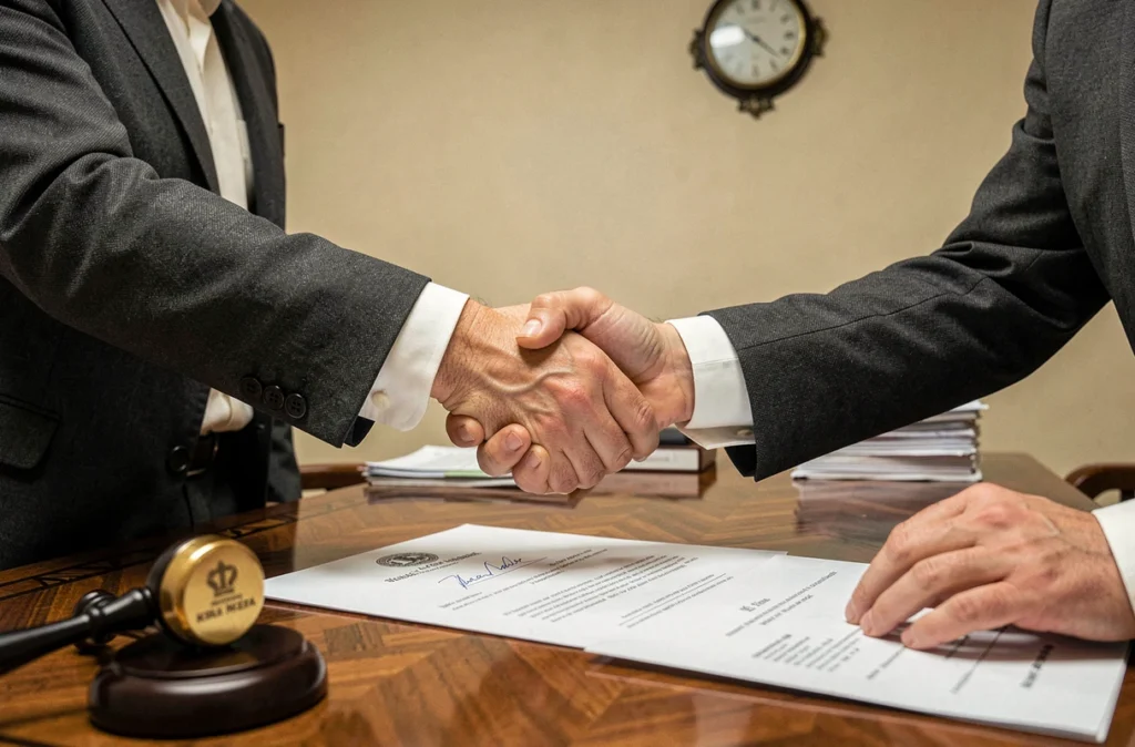 Acheteur et vendeur se serrant la main après la signature de l'acte authentique chez le notaire