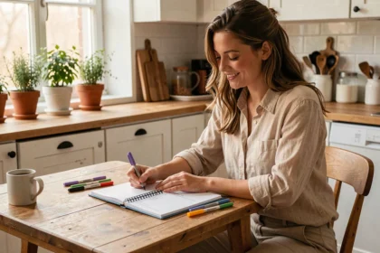 Jeune femme préparant une liste de rentrée scolaire dans une cuisine moderne avec un agenda ouvert et des stylos colorés
