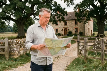 Propriétaire foncier consultant un plan cadastral devant sa propriété rurale en France, illustrant le droit de propriété de l'article 544 du code civil