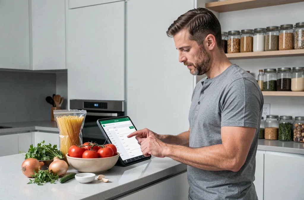 Homme cherchant des idées de repas sur une tablette dans une cuisine moderne avec des ingrédients frais disposés sur le plan de travail