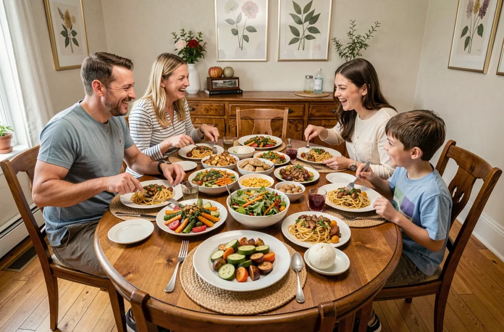 Famille diverse réunie autour d'un repas convivial avec des plats variés et colorés sur une grande table à manger