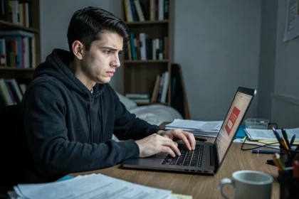 Homme inquiet devant son ordinateur portable face à une alerte de sécurité sur un site de téléchargement illégal