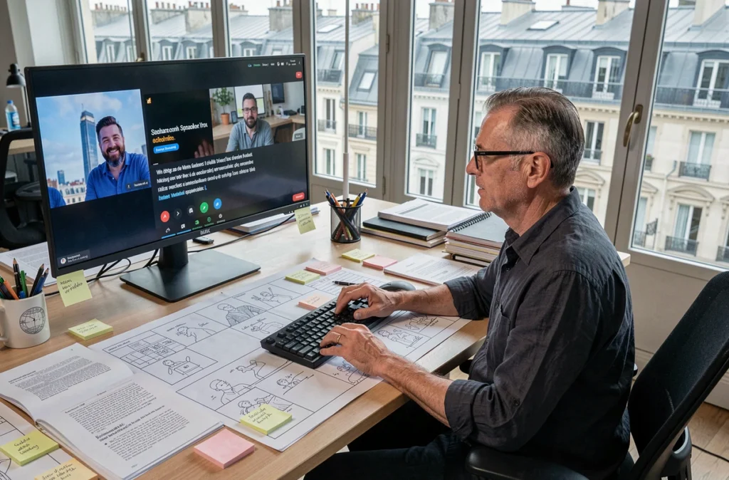 Showrunner français dans son bureau parisien entouré de storyboards, en visioconférence avec des partenaires internationaux pour une série française