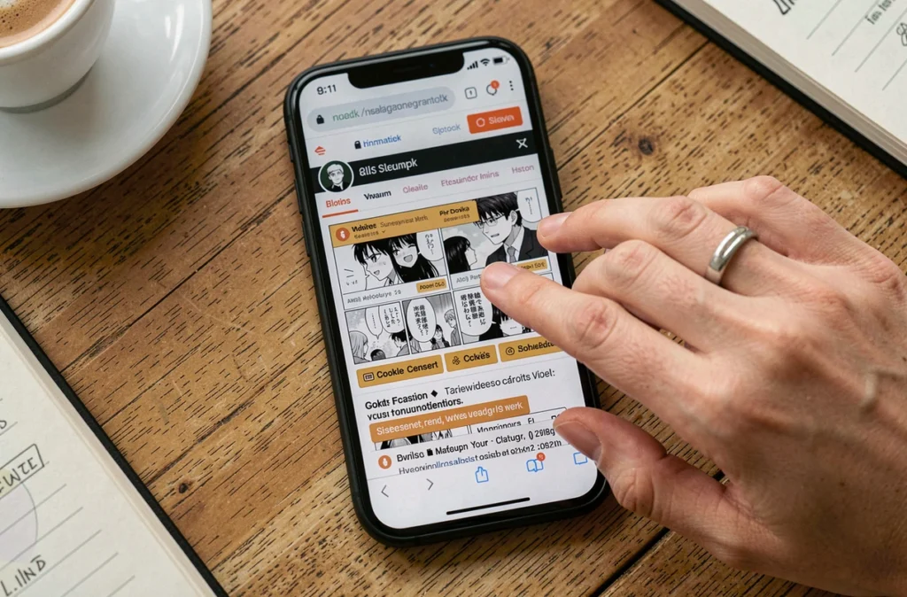 Main de femme sur smartphone affichant un site de scans manga avec des pop-ups suspects et risques pour les données personnelles