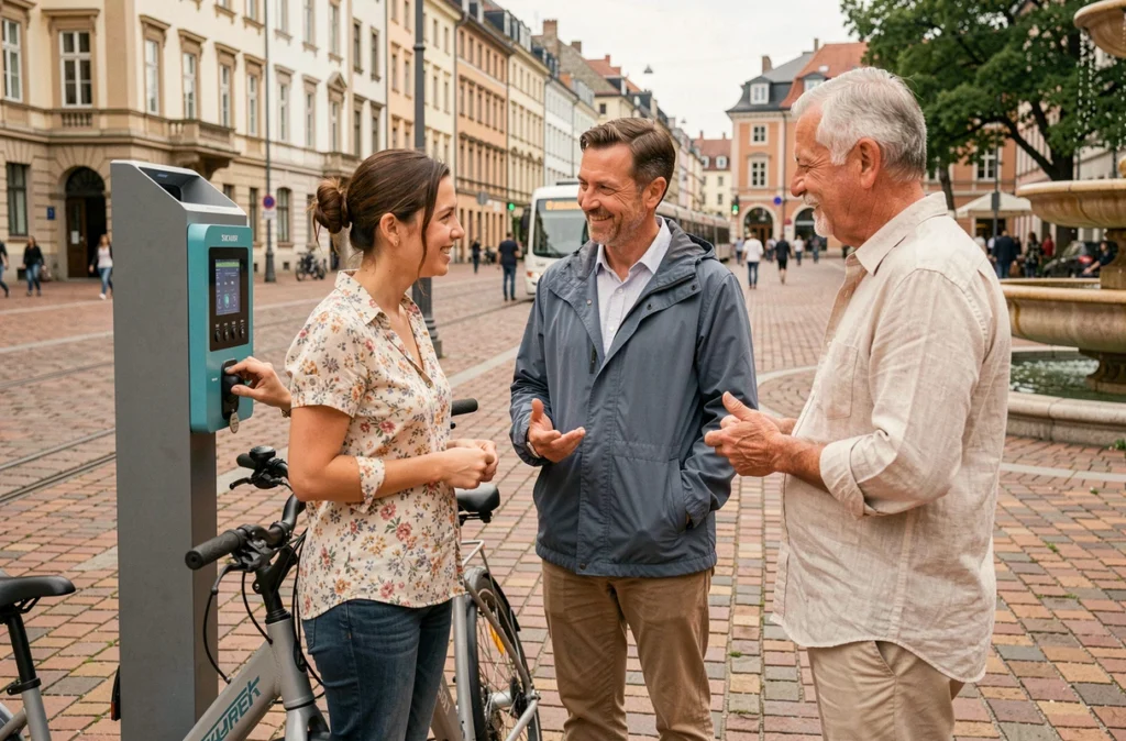 Groupe de personnes utilisant une station de vélos électriques en libre-service sur une place urbaine animée