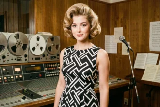 Portrait d'une jeune chanteuse yéyé des années 60 en robe géométrique noir et blanc devant une console d'enregistrement vintage parisienne, dans le style des photos couleur restaurées de Sylvie Vartan
