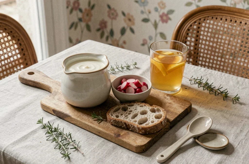 Table française dressée avec des aliments fermentés artisanaux : kéfir, radis lacto-fermentés, pain au levain et kombucha