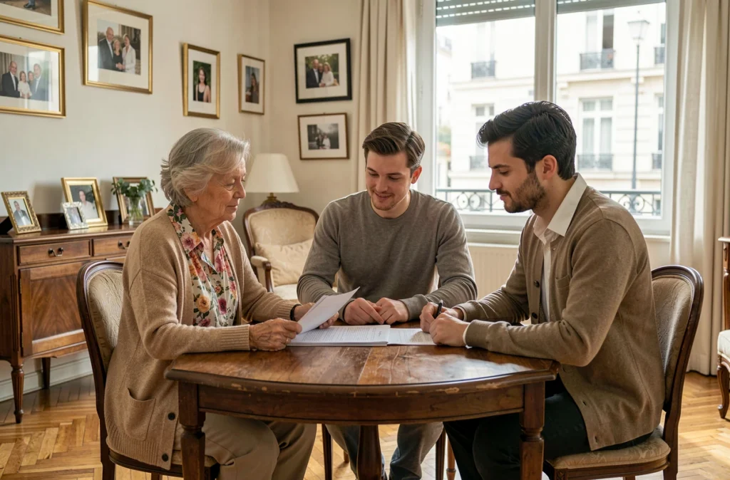 Vente en viager entre une propriétaire âgée et un couple d'investisseurs dans un appartement