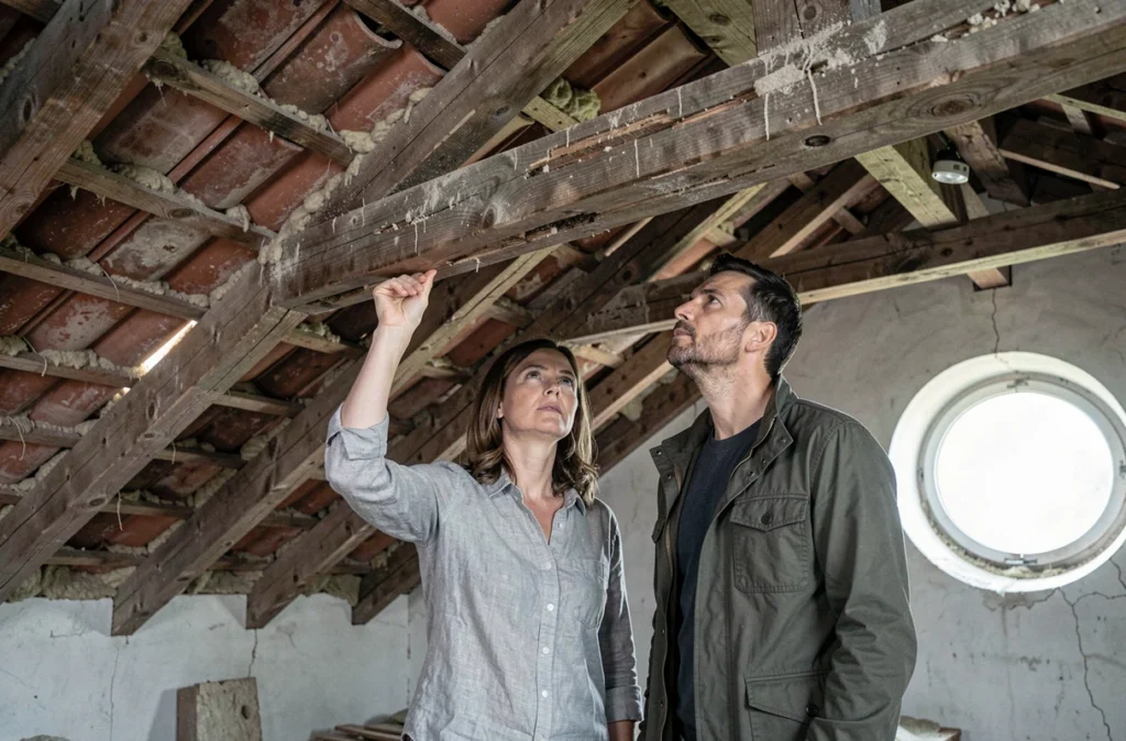 Couple inspectant les poutres en bois d'une charpente ancienne dans les combles d'une vieille maison avant achat