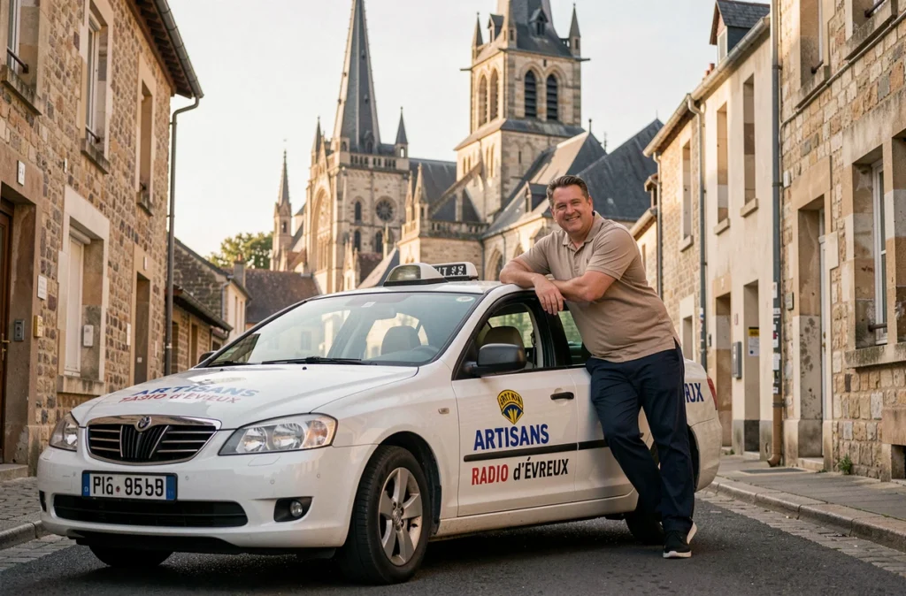 Un chauffeur des Artisans Radio Taxis d'Évreux posant devant sa voiture avec la cathédrale Notre-Dame d'Évreux en fond