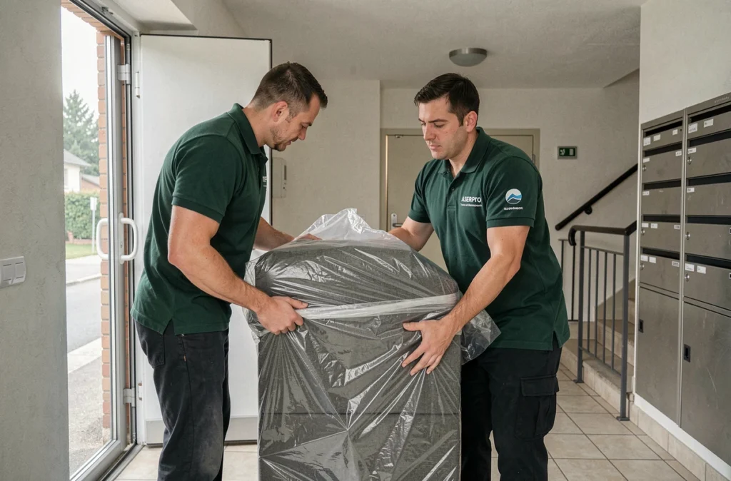 Déménageurs Aserpro Transport portant un canapé emballé dans un immeuble résidentiel