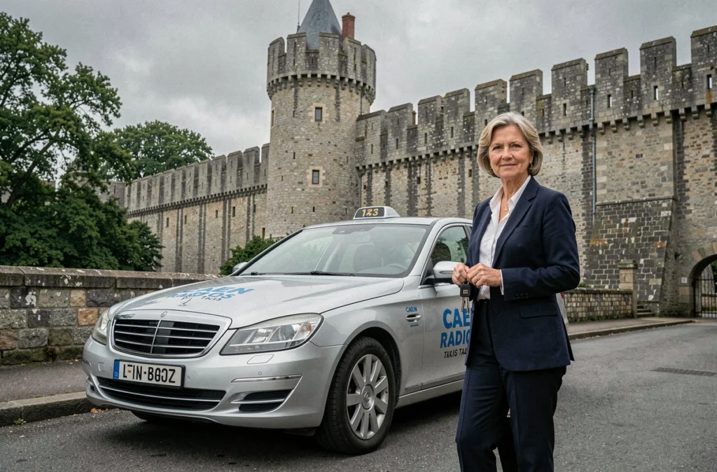 Une conductrice de Caen Radios Taxis devant les remparts du château de Caen avec son taxi argenté